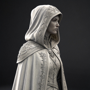Digital 3D model of a fantasy female character. Hooded cloak with intricate details. Dark background, grayscale color palette.