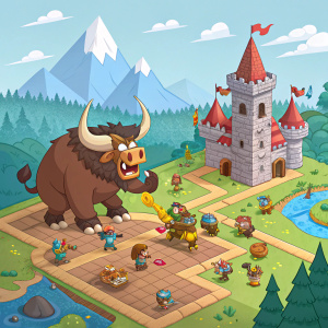 A battle scene from Clash Royale, featuring a large brown minotaur. Vibrant map with castle and numerous characters engaged in combat