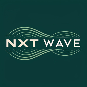 Sophisticated logo of NXT|WAVE, featuring sleek wave design in slender lines, modern sans-serif font, confident and clear. Dominant dark green color, balanced simplicity and impact, wave graphic focal point.