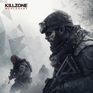 A digital artwork depicting fragmented shapes in grayscale, featuring the Killzone Mercenary logo and characters in a gritty, textured style.