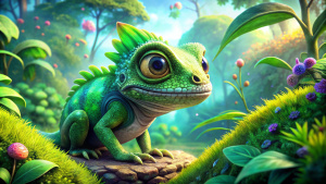 Detailed Anime style. The Cute Green Lizard and the Colorful Forest. Far view

