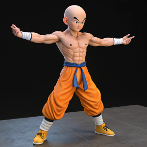 3D rendering of Krillin from Dragon Ball Z, posed in a dynamic stance with outstretched arms, detailed muscular body, bald head, white wrist bands, and yellow footwear against a plain black backdrop.