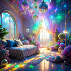 close bedroom garden  light color pastel PRISM Effect  ultra intense crystal effect glitter  Photoshop Photo Manipulations  Holographic liquid Patent Spandex Vinyl   Dreamscape     very much glitter sparkly fantasized glam Sprinkle Shimmering Bioluminescent fairytale masterpiece  Magical   Shimmering   Ultra iridescence UV Glow Rainbow