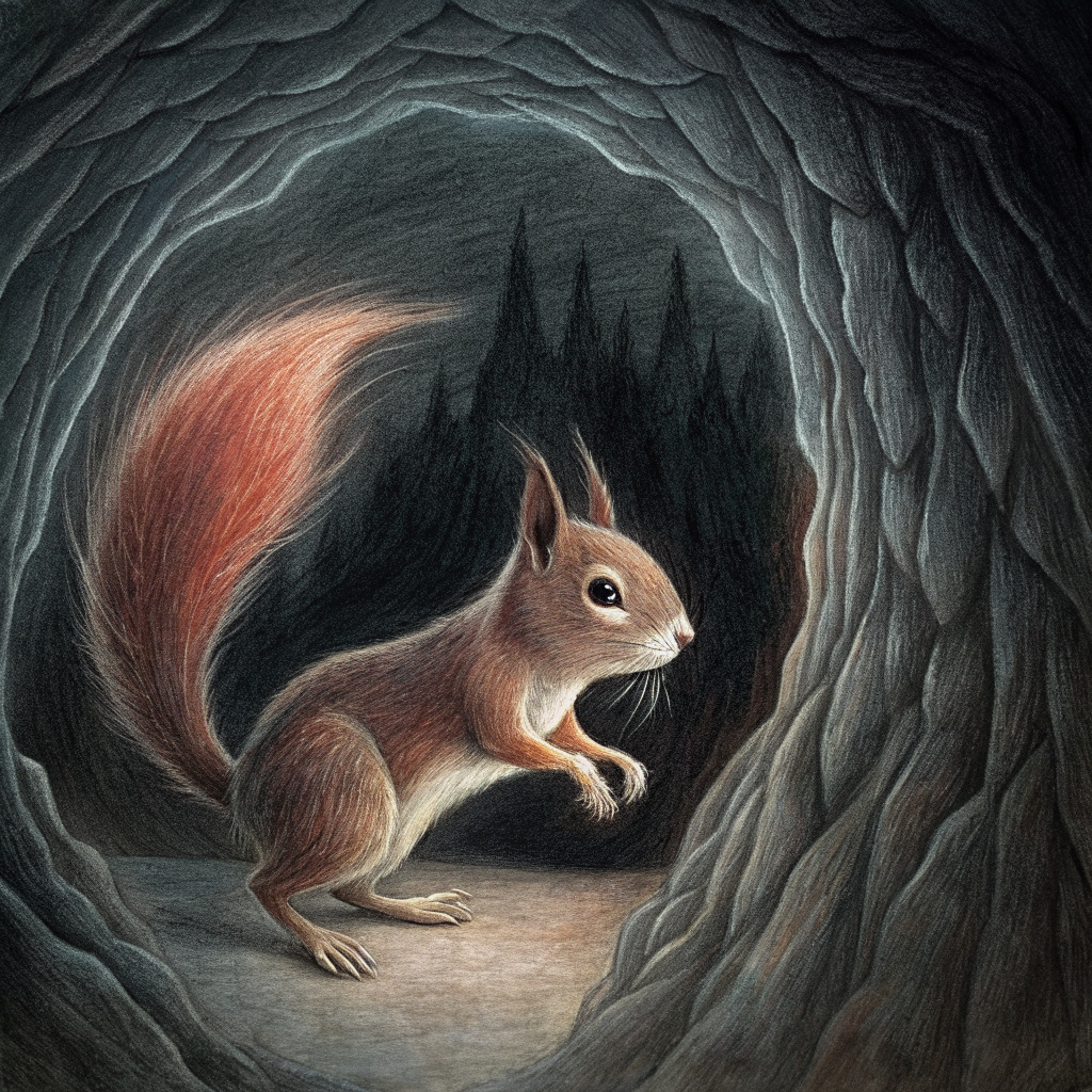 As squirrel tiptoed deeper into the cave, the darkness enveloped him like a cloak. But squirrel wasn't afraid. He bravely marched forward, his heart beating like a drum. Suddenly, he heard a faint whimper echoing through the cave.

 

  

