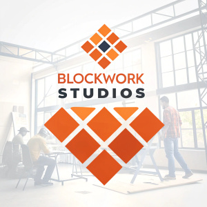 Modern logo design for Blockwork Studios featuring an array of orange squares arranged in a grid pattern. Bold 'BLOCKWORK STUDIOS' text in matching hue.
