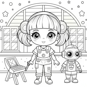 Black and white outline art for cute children coloring book pages, " Cry Baby as Melanie Martinez stands with a blueprint and tools, wearing a futuristic jumpsuit and a tool belt. The background features a high-tech spaceship with consoles, robotic arms, and a starry view through large windows, highlighting her technical expertise in engineering.", white background, whole body, full body ((white background)), only outlines used, cartoon style, thick lines, coloring book, clean lines, 