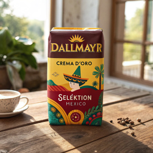 Dallmayr Crema d'Oro Selektion Mexico coffee packet. Vibrant packaging design with a sombrero and bilingual text. On a rustic wooden table with sunlight filtering through the window.