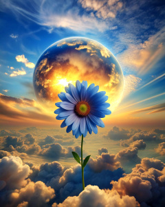 Flower shaped like half planet Earth and half bicycle wheel. Blue sunrise background with white clouds.