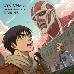 Hajime Isayama's artwork for the manga 'Attack on Titan'. The illustration features an array of characters with exaggerated, large faces creating a bizarre yet compelling scene. Bright, vivid colors and unusual shapes dominate the composition. The artwork highlights the volume titled 'Volume 1: THE NEW SUBJECTS OF TITAN YMIR'