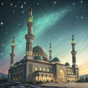 A majestic digital art piece featuring the Grand Mosque at night. With multiple towering minarets and detailed, intricate patterns. The color palette includes shades of gray, green, and gold. Set against a vibrant night sky filled with stars and a celestial glow.