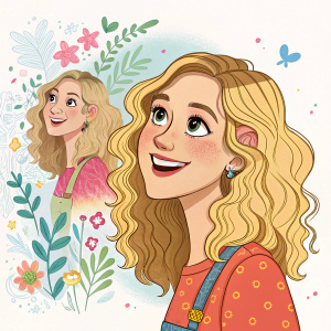 Valeria Vidal Arias, with a broad animated face, blonde wavy hair, and a cheerful expression. Featured in two versions: detailed with vibrant colors and a busy background, and a simplified version with softer tones and a minimalist backdrop.