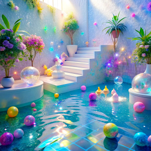  light soft pastel toys swimming in the pool flowers ultra intense crystal effect futuristic dream garden windows Staircase  clouds water   Dreamscape PRISM Effect transparent Holographic liquid  glitter  glam shine effects  glitter  Photoshop Photo Manipulations     very much glitter sparkly fantasized glam Sprinkle Bioluminescent  masterpiece  Magical   Shimmering  ultra  UV Glow Rainbow