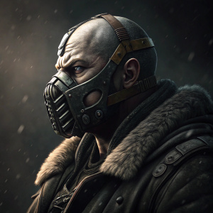 Detailed close-up of Bane's mask from The Dark Knight Rises. Dark, moody backdrop
