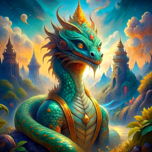 Full body of one Naga, realistic colors, Thai art style, gold, green, round red eyes, with Mekong River cg background 64k, special quality, depth of field, beautiful light, large circular sun. that is setting Sharp details, complex 3D