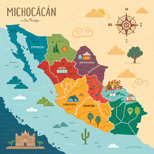 A colorful map of Michoacán, Mexico, highlighting CASART de Michoacán with vibrant hues.