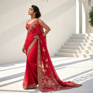 Shriya Saran, south indian actress, in a vibrant red saree with intricate gold work. Standing alone on a bright, sunlit stage with minimalistic backdrop