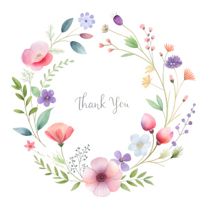 Garland of various flowers around "Thank you", white background