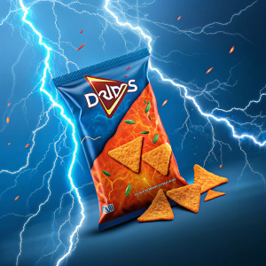 Digital ad for Doritos Spicy Ranch flavor. Blue and orange packaging. Dynamic lightning effects. Vibrant, energetic style. Snack lovers appeal. Stylized background.