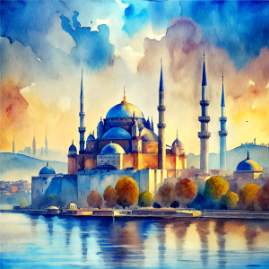 Please make a drawing of the unique skyline of Istanbul. Important buildings and symbols on the shores of the Bosphorus should be included in this drawing.