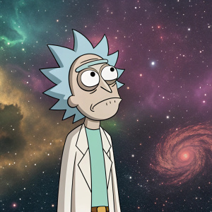 Rick Sanchez from Rick and Morty, expressionless face. Abstract space background. Illustration.