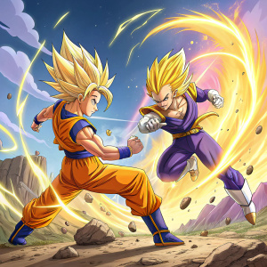 A vivid depiction of Goku and Vegeta from Dragon Ball Super. Intense battle scene. Both characters in dynamic fighting poses. Vibrant color palette