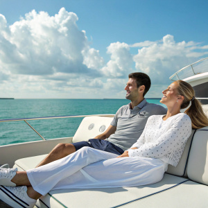 Novak Djokovic and Jelena Ristic relaxing on a luxurious yacht amidst serene ocean waters. Bright sunny day, clear blue sky