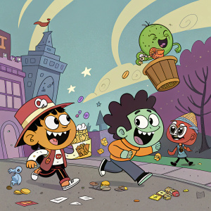 Cartoon characters from 'Mr. Black' animated series. Chaotic scene with vibrant, digital illustration background.