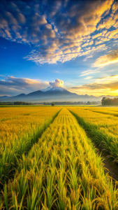 sawah yang siap panen membentang luas sejauh mata memandang dengan suasana pagi hari yang cerah
