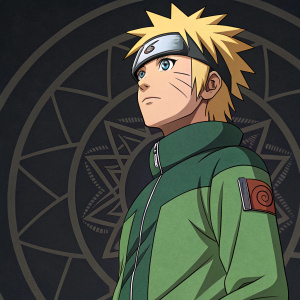 Determined Naruto with distinctive facial features. Blonde hair, green attire. Dark backdrop with intricate geometric patterns.