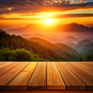 design a wood table in a sunset close-up blurred background