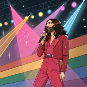 Conchita Wurst, gender-neutral performer, center stage. Vibrant lights and colors. Bold expression