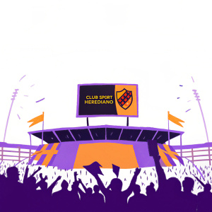 Digital illustration featuring Club Sport Herediano's logo at the Estadio Alvaro Morea Soto during a vibrant futbol event.