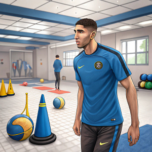 Achraf Hakimi, wearing a blue training jersey, standing in an indoor sports facility. Surrounded by equipment and sports gear.