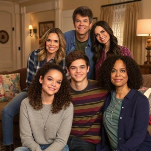 A group photo of The Fosters cast. Set in a cozy living room. Various ages, ethnicities, and genders. Soft background, casual attire.