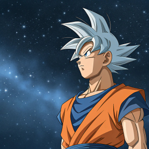 Goku from Dragon Ball, intense facial expression, blue gi with orange undershirt, spiked grey hair. Space background, digital art.