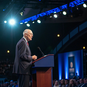 Former US Treasury Secretary Hank Paulson speaking at a conference. Bright stage lights, audience in background