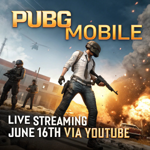 High-energy promotional image for PUBG Mobile event. Cap-wearing player in center. Dynamic, action-packed background. Live-streaming details on June 16th via YouTube.