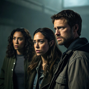 Meaghan Rath, John Bregar, Sally Malik, and Trent in intense scene. Dark, moody studio setting