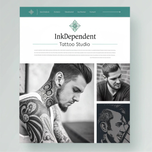 Homepage design for InkDependent Tattoo Studio. Teal header, black and white imagery with artistic flair. Structured layout featuring text blocks and images.