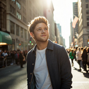 Niall Horan, Irish singer, casual outfit, standing in front of bustling city street. Bright sunlight and crowd in the background
