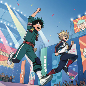 Anime characters from My Hero Academia in dynamic poses, surrounded by a vibrant game launch event backdrop.