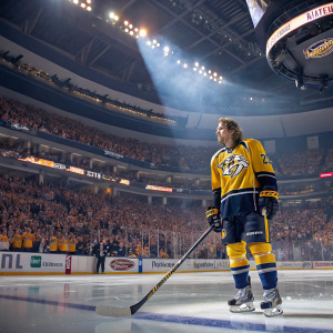 Martin Erat, hockey player for Nashville Predators, standing on the ice rink. Stadium filled with cheering fans.