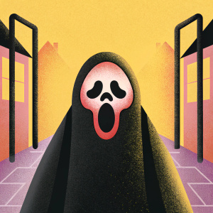 Cartoony character illustration. Skeletal face, large, exaggerated features. Dimly lit alley with purple and black hues. Character's face dominates the scene, glowing neon-like