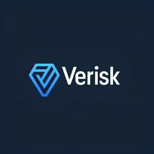 Modern logo for Verisk featuring a minimalist blue icon and sans-serif font. Clean design with a focus on simplicity and clear visual identity.