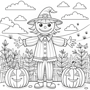  Coloring pages,Scarecrow in a field, black and white line art