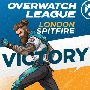 Promotional poster for the Overwatch League featuring London Spitfire character. Bearded male in dynamic fighting stance. Tough expression, detailed tattoos. Vibrant blue and orange color scheme. 'Victory' prominently displayed.