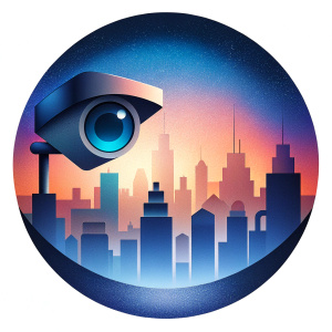 a logo for a video surveillance chat of experts. It has to be minimalistic, have a background of a modern city and a black surveillance video camera. 