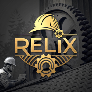 Digital graphic design for Relix logo. Modern industrial style. Gold shades and dark textured background. Logo prominently centered with brand name variations