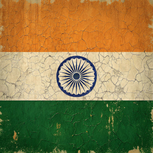 Digital painting of the Indian flag, textured and weathered look. Saffron, navy blue, green colors with Ashoka Chakra