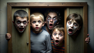 Horror atmosphere: five weird children were locked in the closet